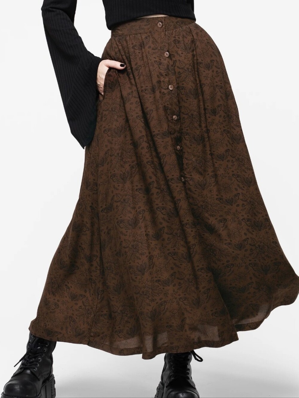Disturbia Rosamoth Button Up Midi Skirt Brown & Black Bug & Floral Print US 16